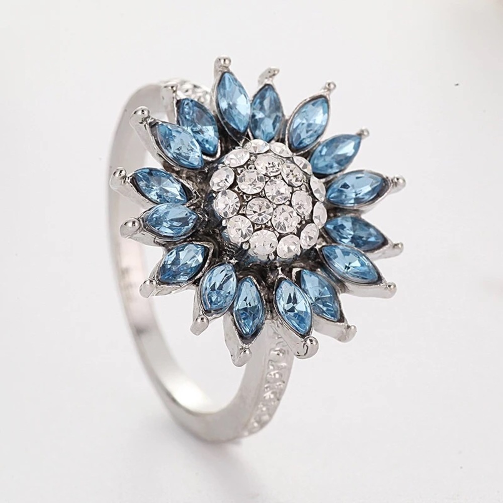 White Gold Blue Sapphire Pave Flower Ring